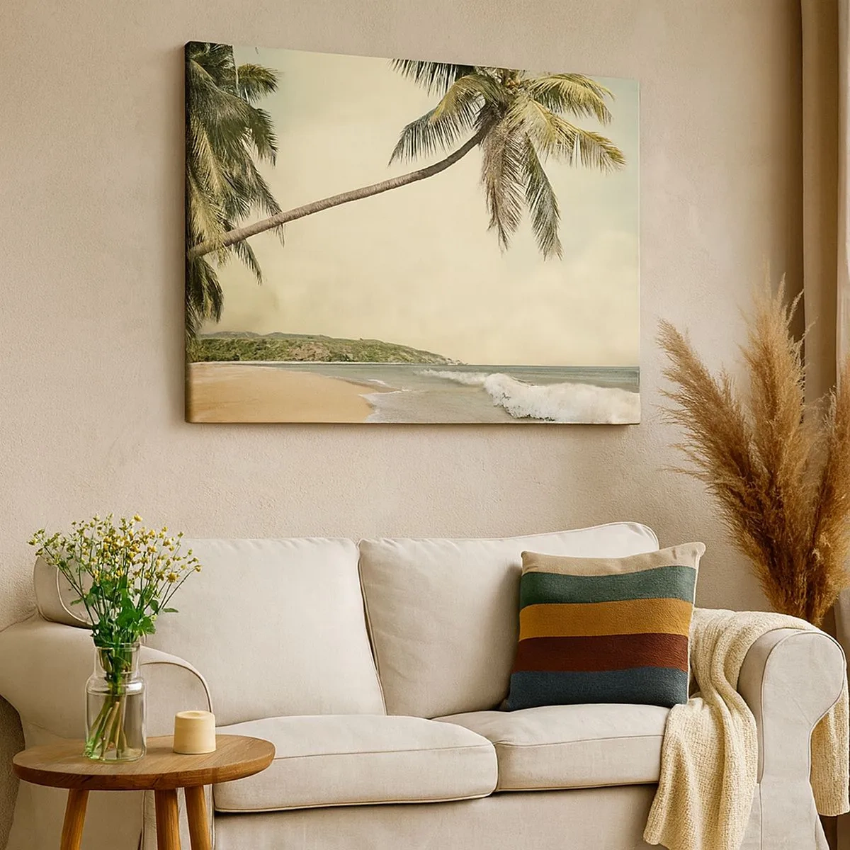 Tablou pe pânză Canvas - O plajă cu palmieri pe fundalul unei mări calme - 70x50cm - Vis tropical - Decorațiune modernă pentru perete pentru living și dormitor ARTTOR