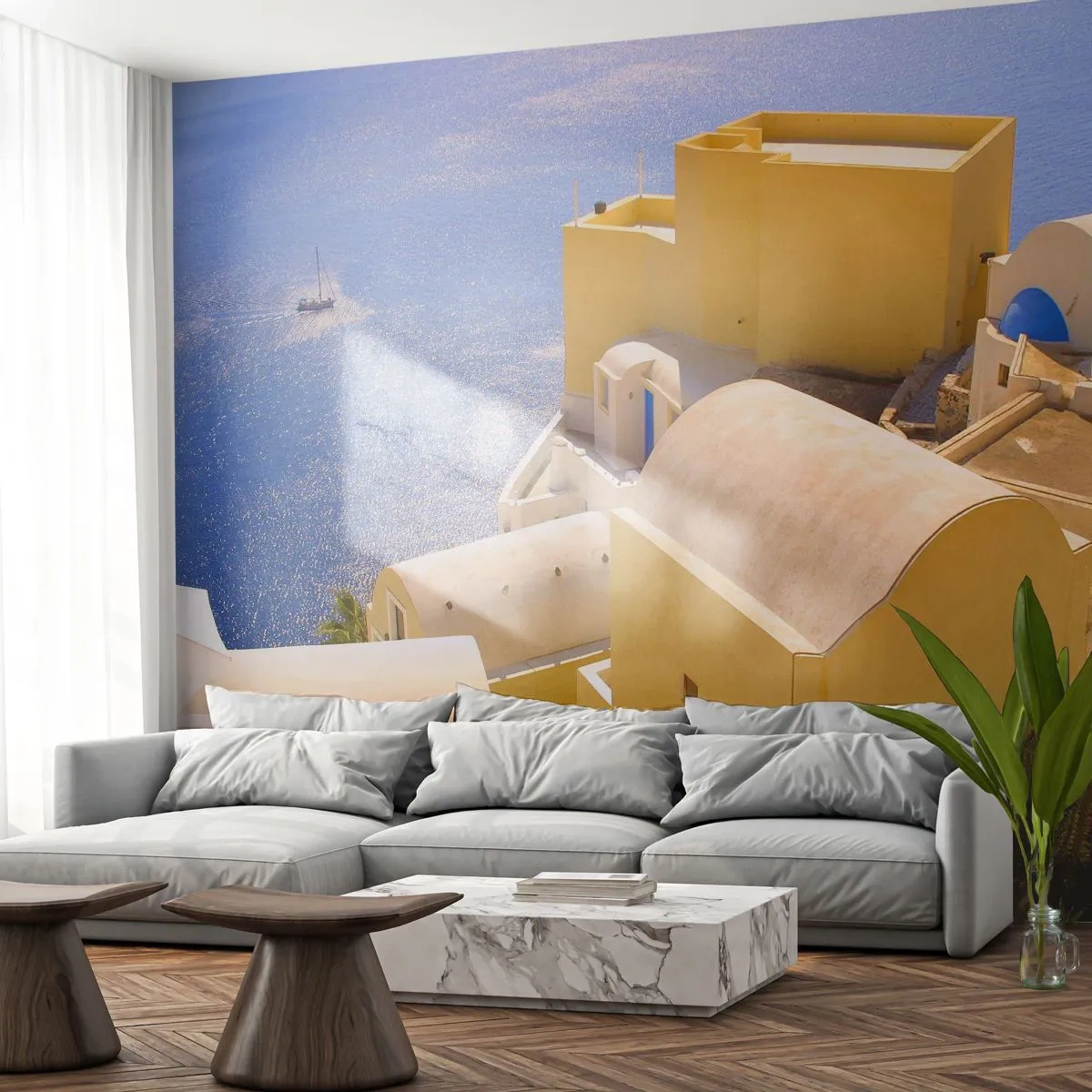 Tapet Premium Sand - Peisaj grecesc în alb și albastru - Peisaj, Santorini, Grecia - 100x70 cm