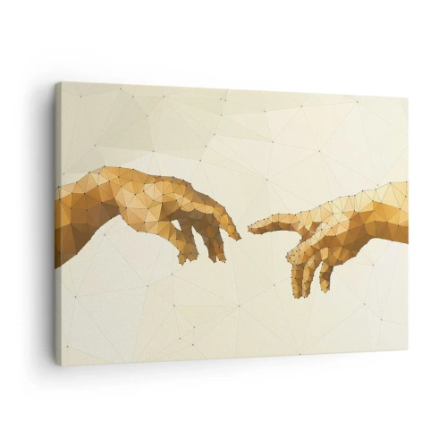 Tablou pe pânză Canvas - Mâini geometrice care se întind una spre alta pe un fundal deschis - 70x50cm - Geometrie divină - Decorațiune modernă pentru perete pentru living și dormitor ARTTOR