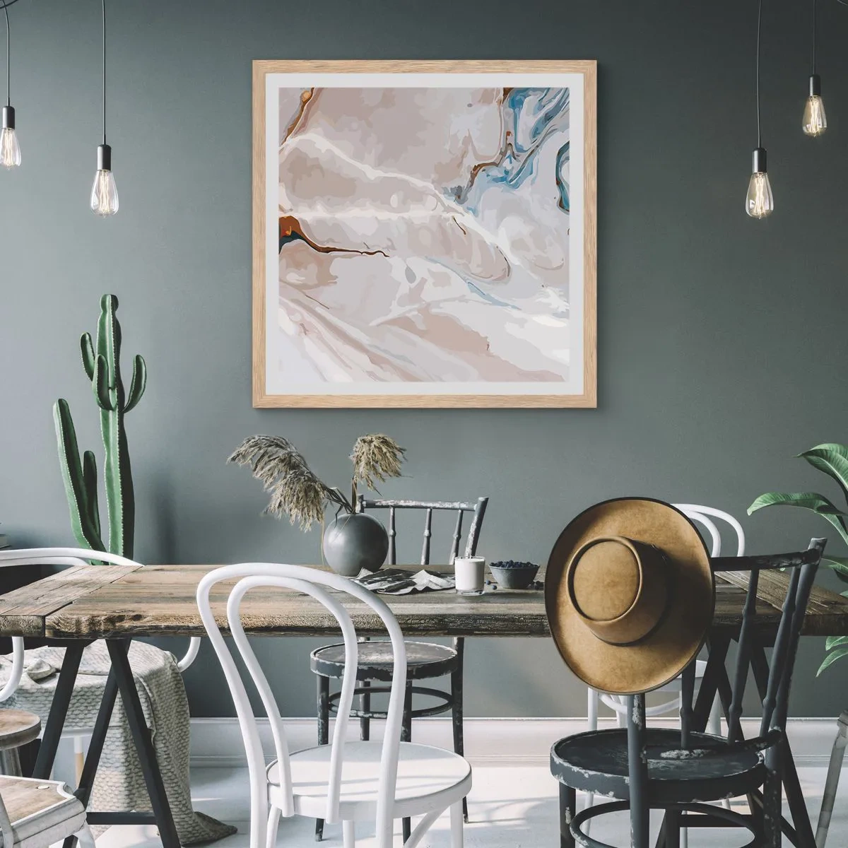 Poster în ramă de stejar deschis - Meandre albastre sub alb - 60x60 cm