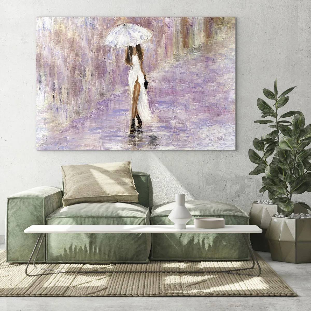 Tablou pe sticlă - Figura unei femei cu o umbrelă într-o scenă de ploaie liliac - 70x50cm - În ploaia de liliac - Decorațiune modernă pentru perete pentru living și dormitor ARTTOR