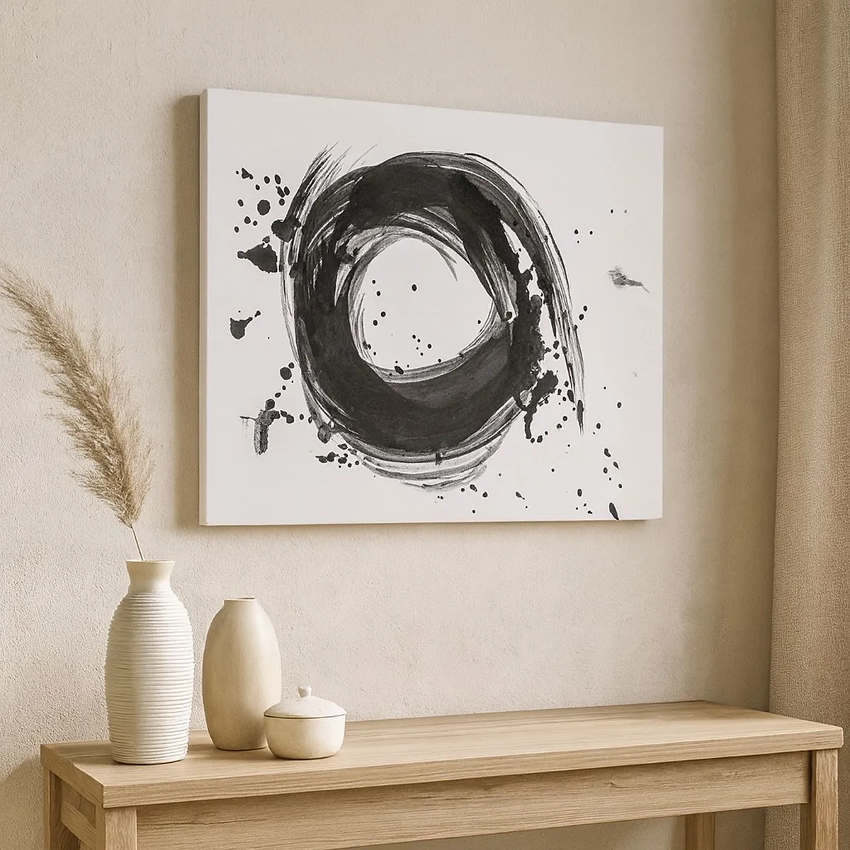 Tablou pe pânză Canvas - Abstracție neagră sub forma unui cerc pe fundal alb - 70x50cm - Vortexul creației - Decorațiune modernă pentru perete pentru living și dormitor ARTTOR