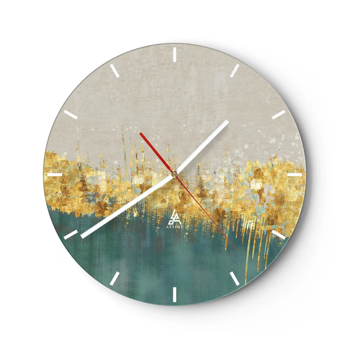 Ceas de perete - Ceas pe sticlă - O linie abstractă aurie care separă fundalul de verdeață - 30x30cm - Frontiera de aur - Decorațiune modernă pentru perete pentru living, bucătărie și dormitor ARTTOR