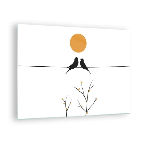 Tablou pe sticlă - Păsări pe o linie sub un soare portocaliu - 70x50cm - Seară cu privighetori - Decorațiune modernă pentru perete pentru living și dormitor ARTTOR