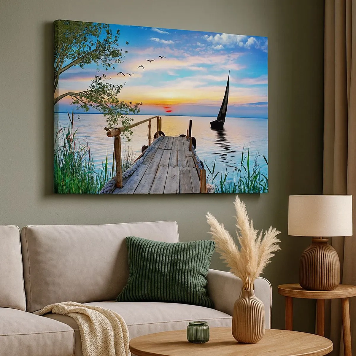 Tablou pe pânză Canvas - Dig lac cu barcă și apus de soare - 70x50cm - Bună seara - Decorațiune modernă pentru perete pentru living și dormitor ARTTOR