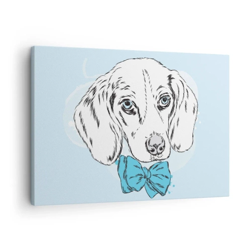 Tablou pe pânză Canvas - Grafică adorabilă cu un câine cu papion pe un fundal pastel - 70x50cm - Eleganța câinelui - Decorațiune modernă pentru perete pentru living și dormitor ARTTOR