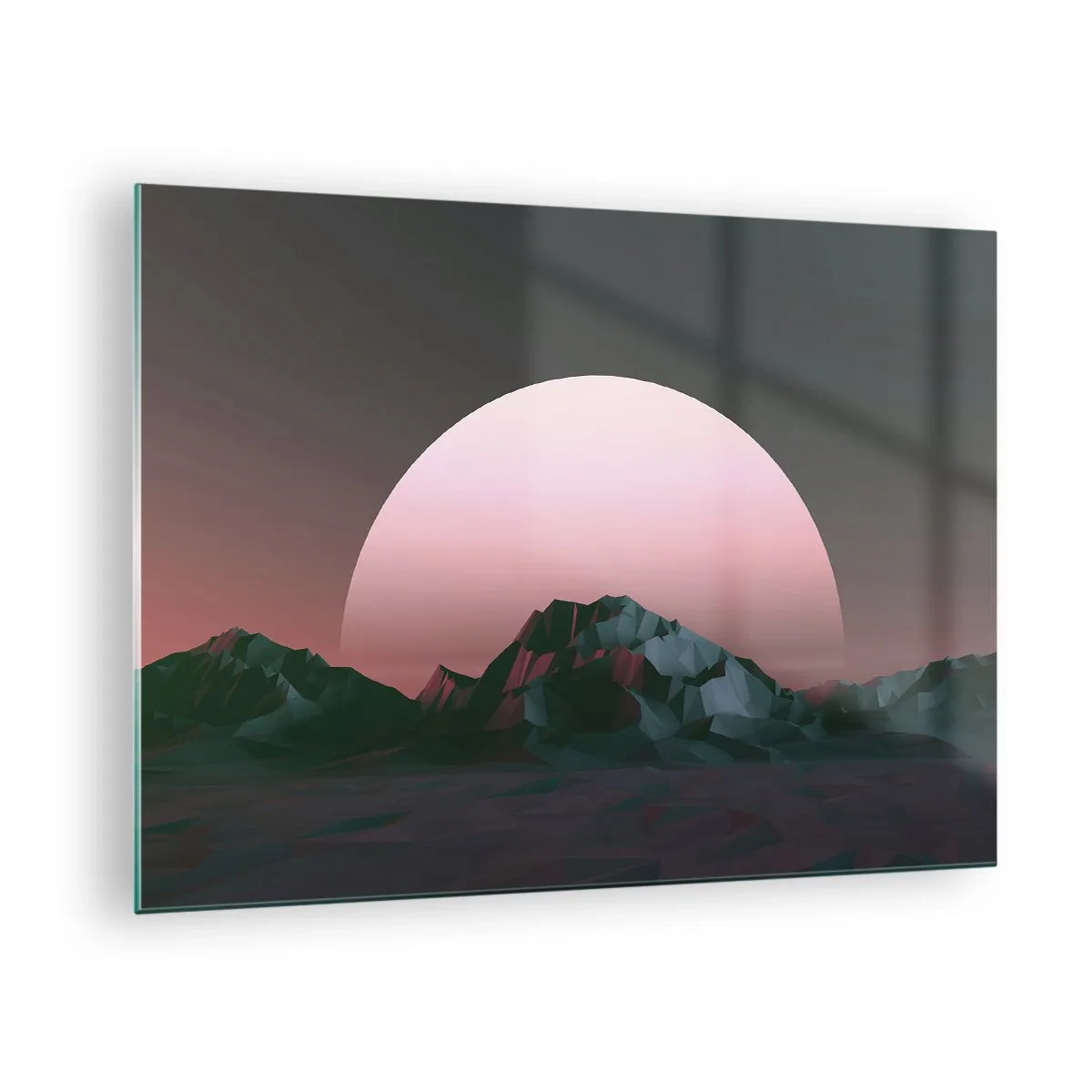 Tablou pe sticlă - Peisaj abstract cu munți geometrici și un soare roz. - 70x50cm - Într-o galaxie învecinată - Decorațiune modernă pentru perete pentru living și dormitor ARTTOR