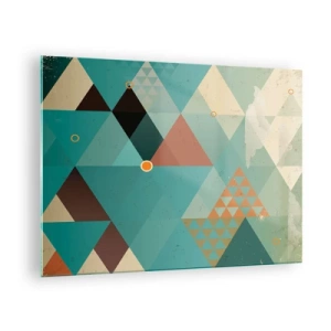 Tablou pe sticlă - Geometrie în nuanțe de turcoaz și maro cu triunghiuri - 70x50cm - Unitatea multiplicității, multiplicitatea unității - Decorațiune modernă pentru perete pentru living și dormitor ARTTOR