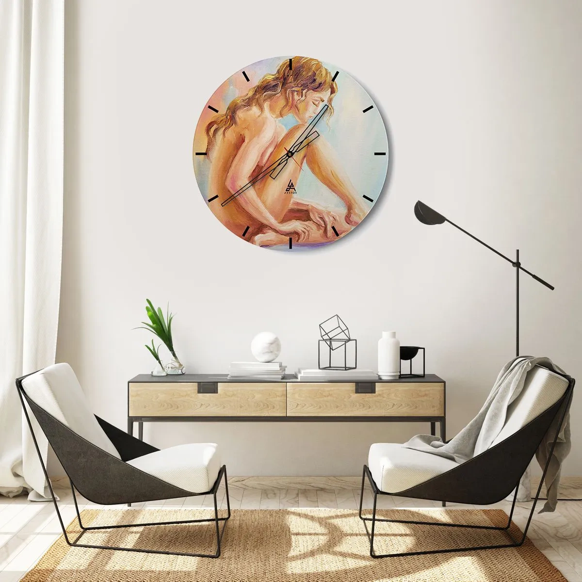 Ceas de perete - Ceas pe sticlă - Portret artistic al unei femei așezate - 30x30cm - Gest de tinerețe - Decorațiune modernă pentru perete pentru living, bucătărie și dormitor ARTTOR