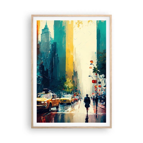 Poster în ramă de stejar deschis - New York - aici și ploaia este colorată - 70x100 cm