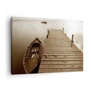 Tablou pe pânză Canvas - Dig de lemn și barcă pe un lac liniștit - 70x50cm - Marea pace - Decorațiune modernă pentru perete pentru living și dormitor ARTTOR