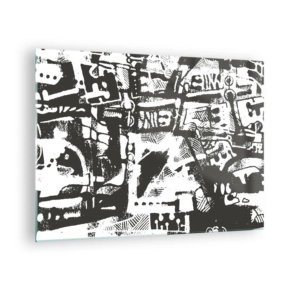 Tablou pe sticlă - Abstracție alb-negru cu motive geometrice și tehnice - 70x50cm - Ordine sau haos? - Decorațiune modernă pentru perete pentru living și dormitor ARTTOR