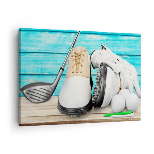 Tablou pe pânză Canvas - Un set de accesorii de golf pe un fundal de lemn - 70x50cm - Totul este gata - Decorațiune modernă pentru perete pentru living și dormitor ARTTOR