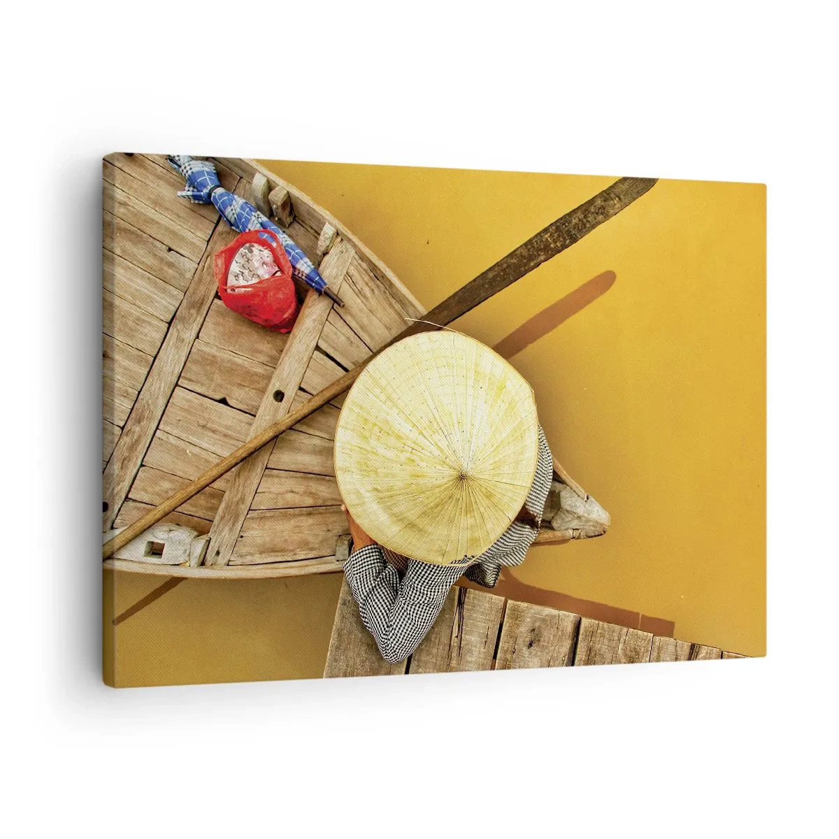 Tablou pe pânză Canvas - O barcă tradițională văzută din perspectivă - 70x50cm - Viața pe râul galben - Decorațiune modernă pentru perete pentru living și dormitor ARTTOR