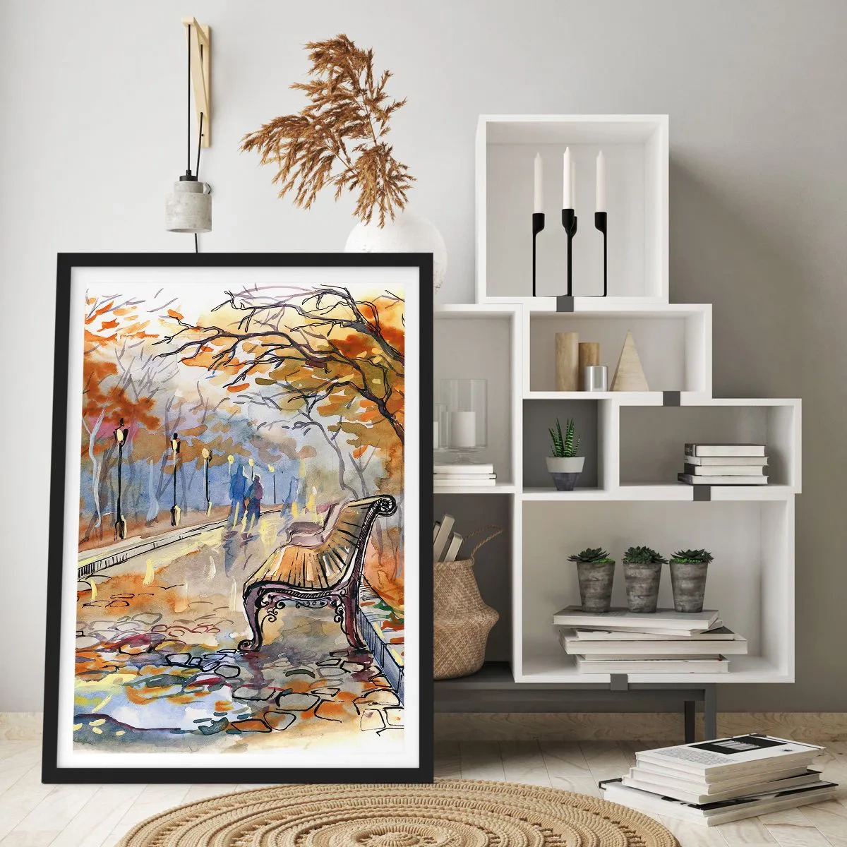Poster în ramă neagră - Bancă într-un parc de toamnă, acuarelă - 50x70cm - Pășim împreună în toamnă - Decorațiune modernă pentru perete pentru living și dormitor ARTTOR