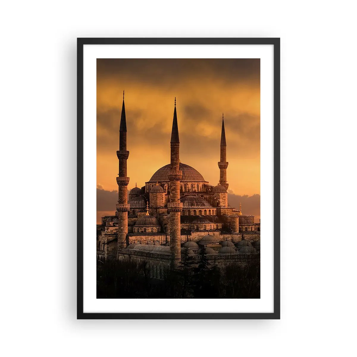 Poster în ramă neagră - Moschee la apus în culori calde - 50x70cm - Dumnezeu este mare - Decorațiune modernă pentru perete pentru living și dormitor ARTTOR