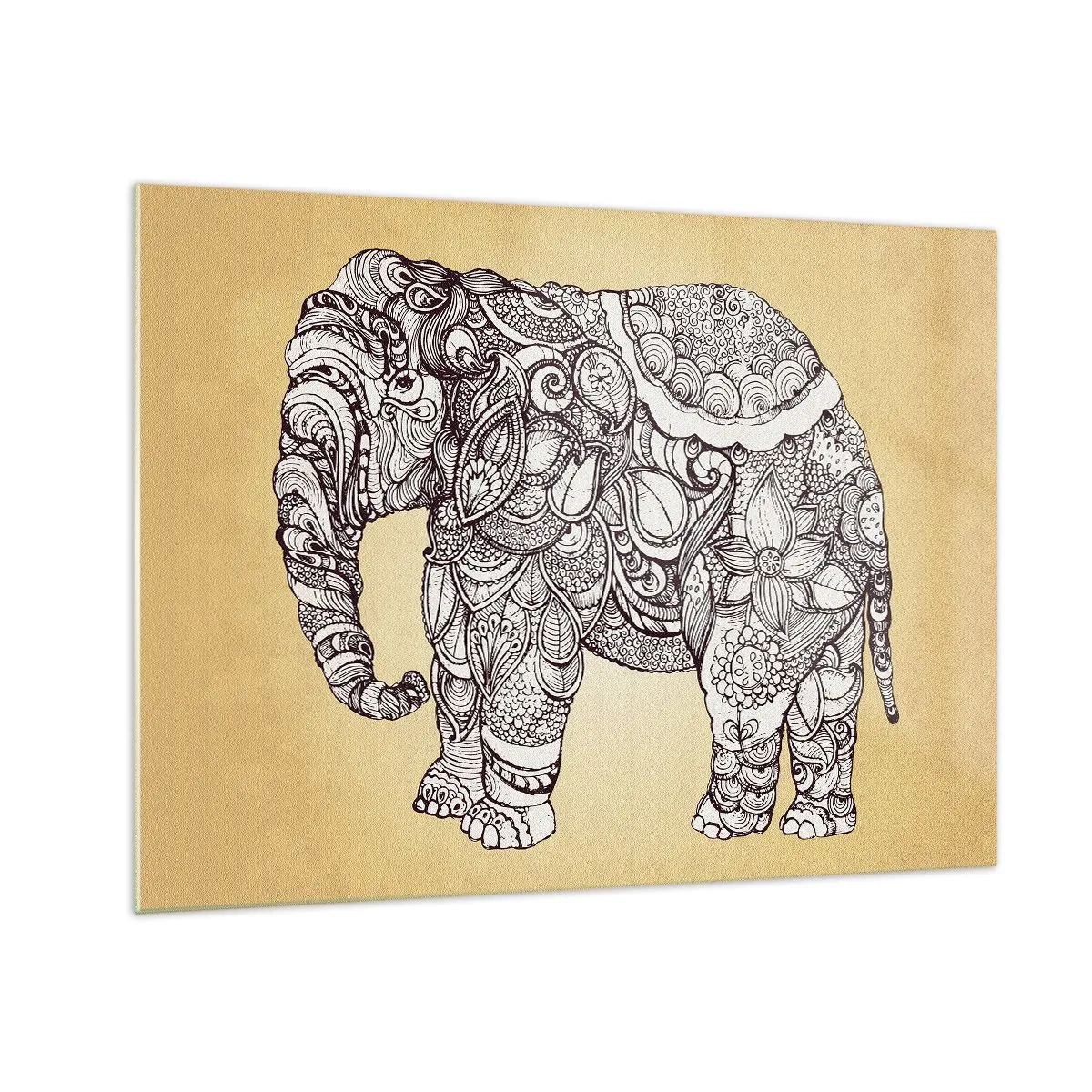 Tablou pe sticlă - Elefant alb-negru cu modele orientale pe un fundal bej - 70x50cm - Elefantul oriental - Decorațiune modernă pentru perete pentru living și dormitor ARTTOR
