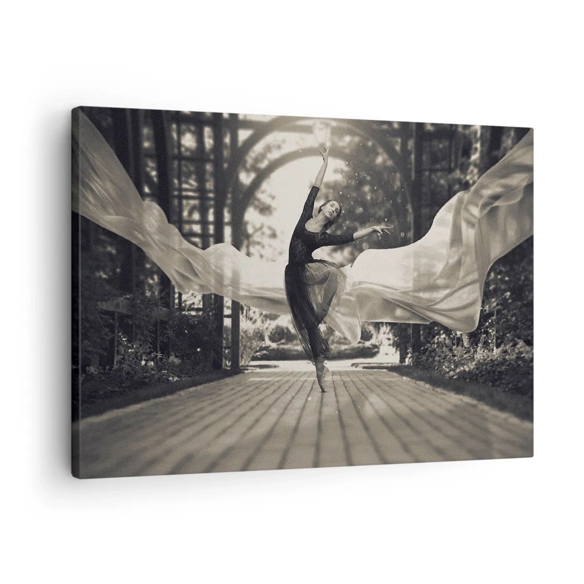 Tablou pe pânză Canvas - O dansatoare într-o rochie lejeră execută o săritură pe fundalul unei grădini alb-negru. - 70x50cm - Dansul spiritului de grădină - Decorațiune modernă pentru perete pentru living și dormitor ARTTOR