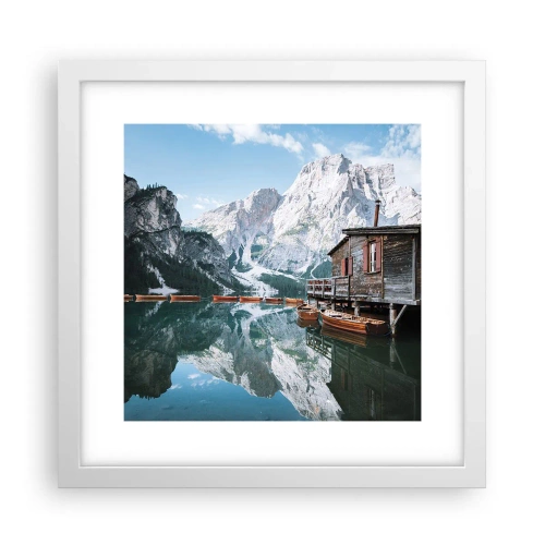 Poster în ramă albă - Dimineață cristalină de munte - 30x30 cm