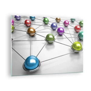 Tablou pe sticlă - Bile colorate conectate prin linii pe un fundal deschis - 70x50cm - Pânza cosmică de păianjen - Decorațiune modernă pentru perete pentru living și dormitor ARTTOR