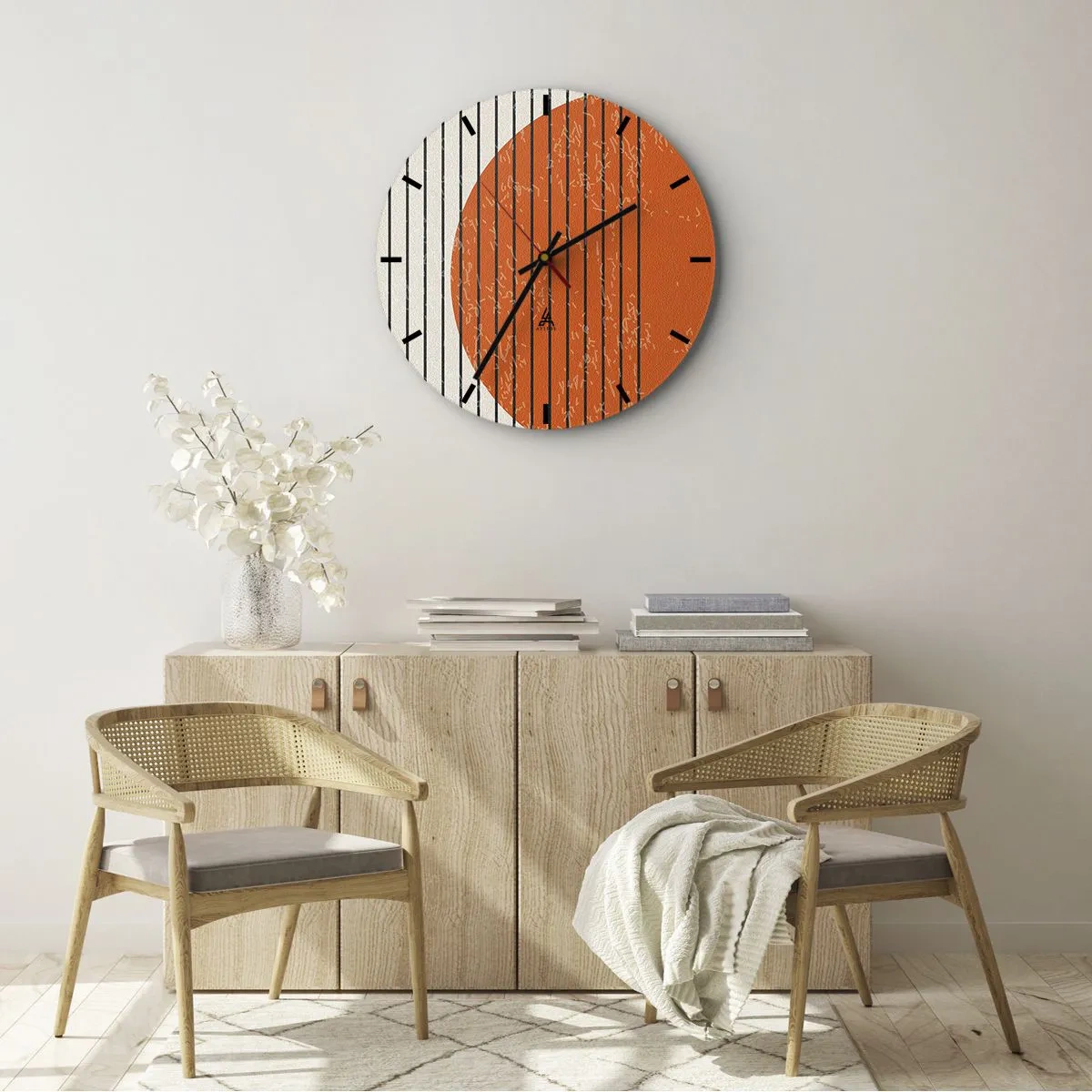 Ceas de perete - Ceas pe sticlă - Cerc portocaliu și linii negre pe fundal bej - 30x30cm - Întotdeauna soarele - Decorațiune modernă pentru perete pentru living, bucătărie și dormitor ARTTOR