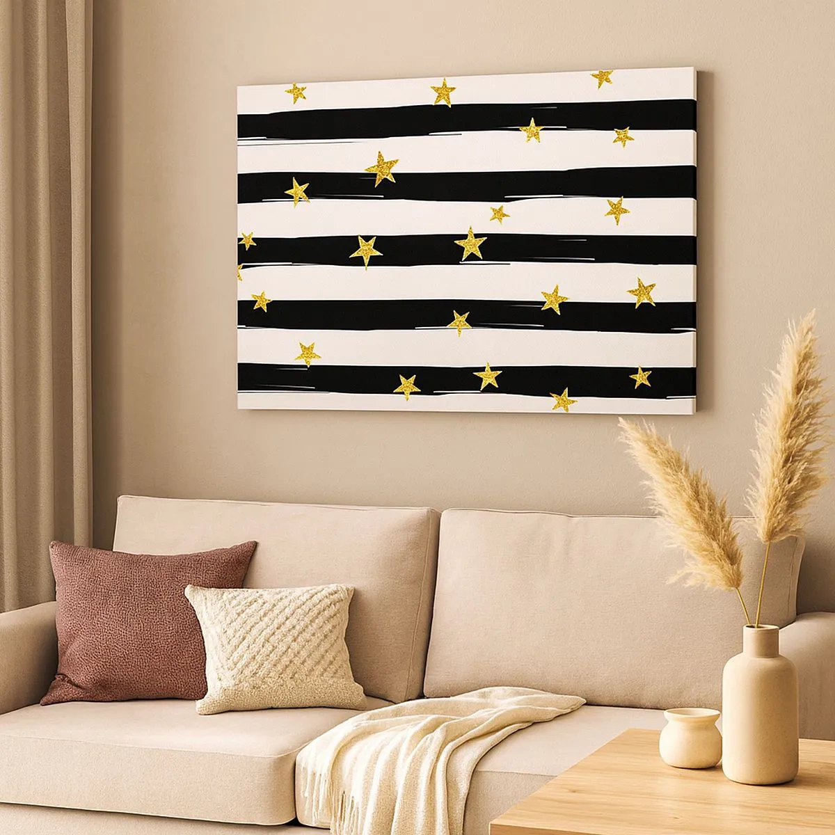 Tablou pe pânză Canvas - Dungi albe și negre cu stele aurii - 70x50cm - Cu toții ne-am născut sub o stea norocoasă - Decorațiune modernă pentru perete pentru living și dormitor ARTTOR