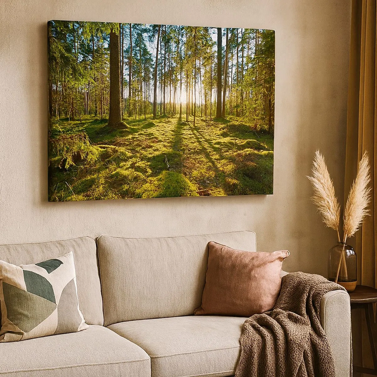 Tablou pe pânză Canvas - Pădure verde iluminată de lumina soarelui pe mușchi - 70x50cm - Pădurea misterioasă - Decorațiune modernă pentru perete pentru living și dormitor ARTTOR