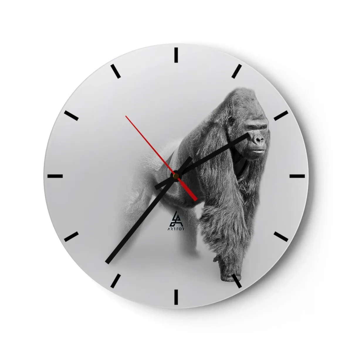 Ceas de perete - Ceas pe sticlă - Portretul unei gorile maiestuoase pe un fundal neutru - 30x30cm - Încrezător în puterea lui - Decorațiune modernă pentru perete pentru living, bucătărie și dormitor ARTTOR