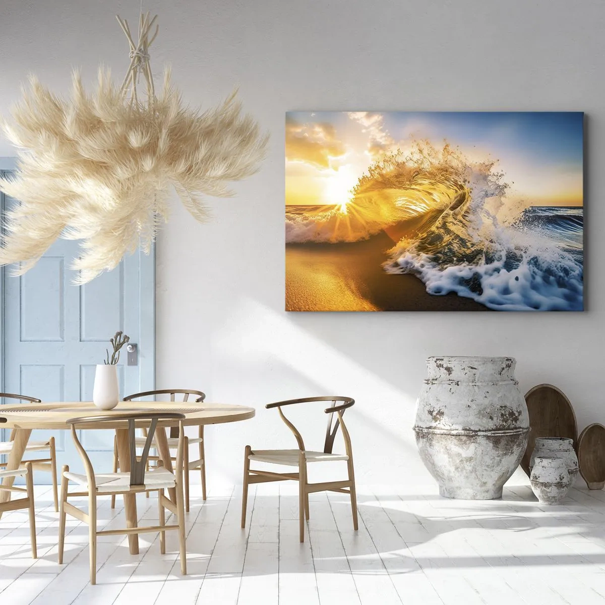 Tablou pe pânză Canvas - Un val auriu pe fundalul soarelui care apune - 70x50cm - Joc în nisip - Decorațiune modernă pentru perete pentru living și dormitor ARTTOR