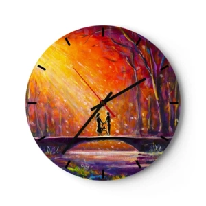 Ceas de perete - Ceas pe sticlă - Apus de soare colorat peste un pod în pădure - 30x30cm - Și cerul îi iubește - Decorațiune modernă pentru perete pentru living, bucătărie și dormitor ARTTOR