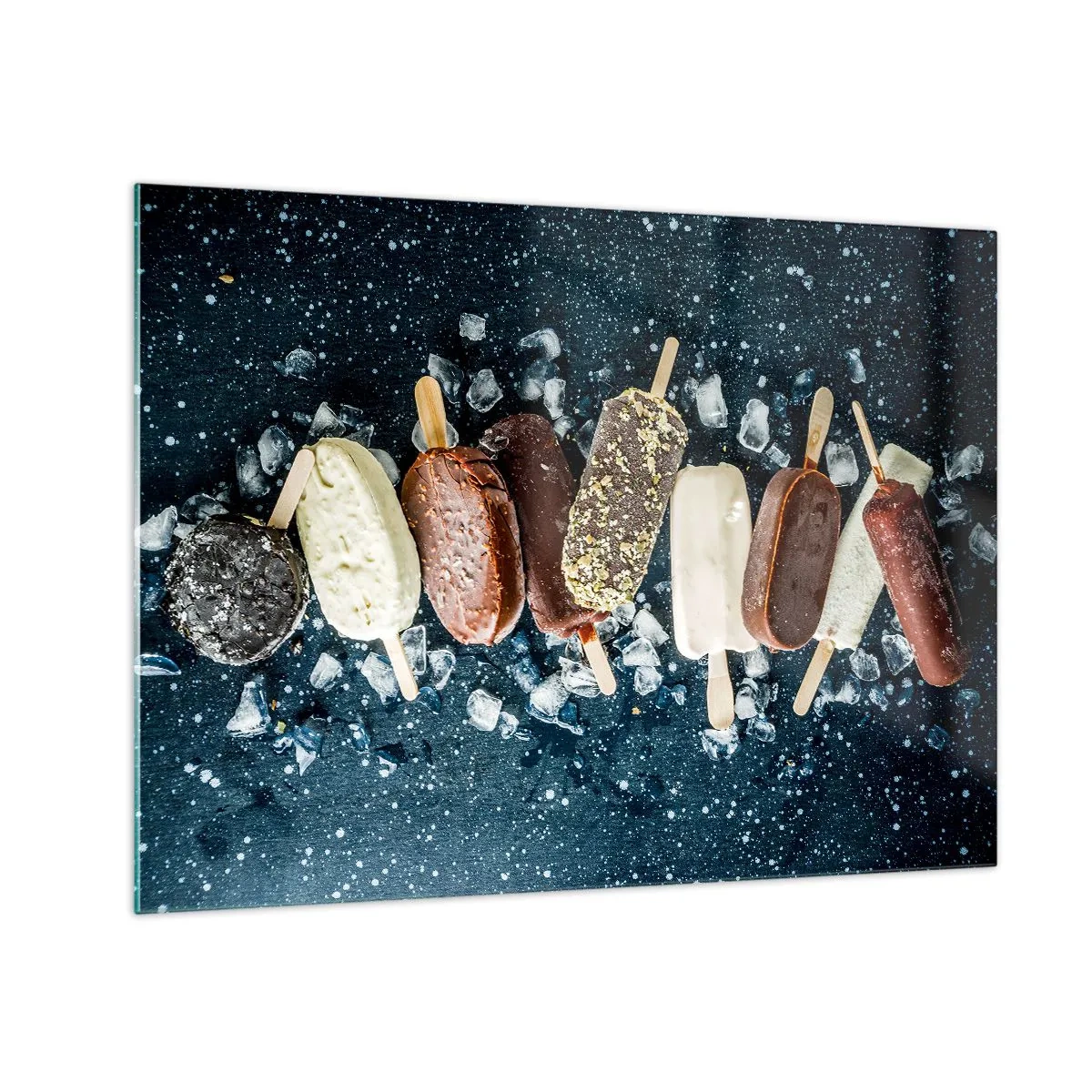 Tablou pe sticlă - Înghețată în diferite arome aranjate pe cuburi de gheață - 70x50cm - Gustul unei veri fierbinți - Decorațiune modernă pentru perete pentru living și dormitor ARTTOR