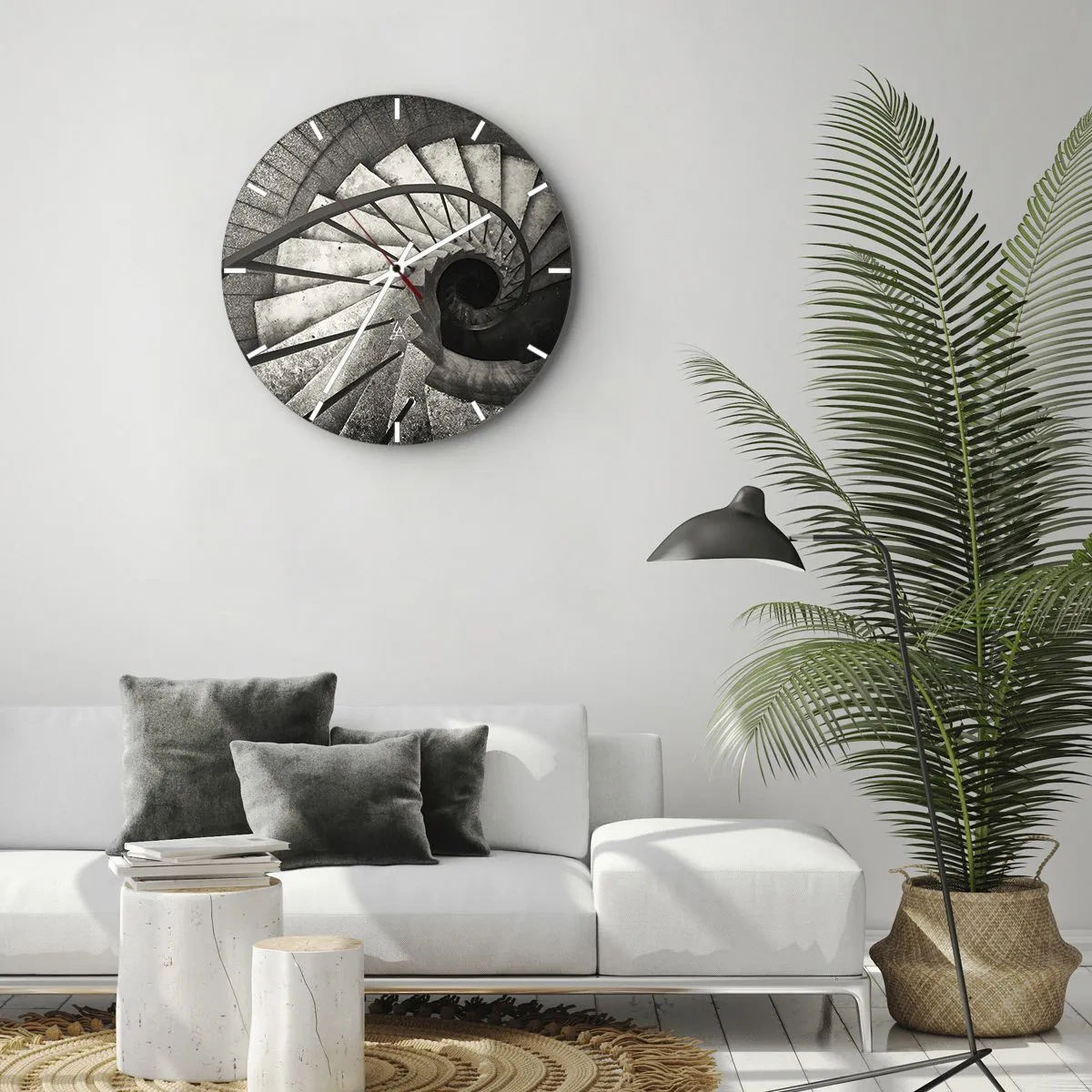 Ceas de perete - Ceas pe sticlă - Scară spiralată alb-negru cu vedere descendentă și dispunere geometrică a treptelor - 30x30cm - În sus și în jos - Decorațiune modernă pentru perete pentru living, bucătărie și dormitor ARTTOR
