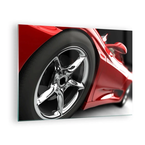 Tablou pe sticlă - Detaliu al unei mașini sport roșii cu jantă cromată - 70x50cm - Construit pentru viteză - Decorațiune modernă pentru perete pentru living și dormitor ARTTOR