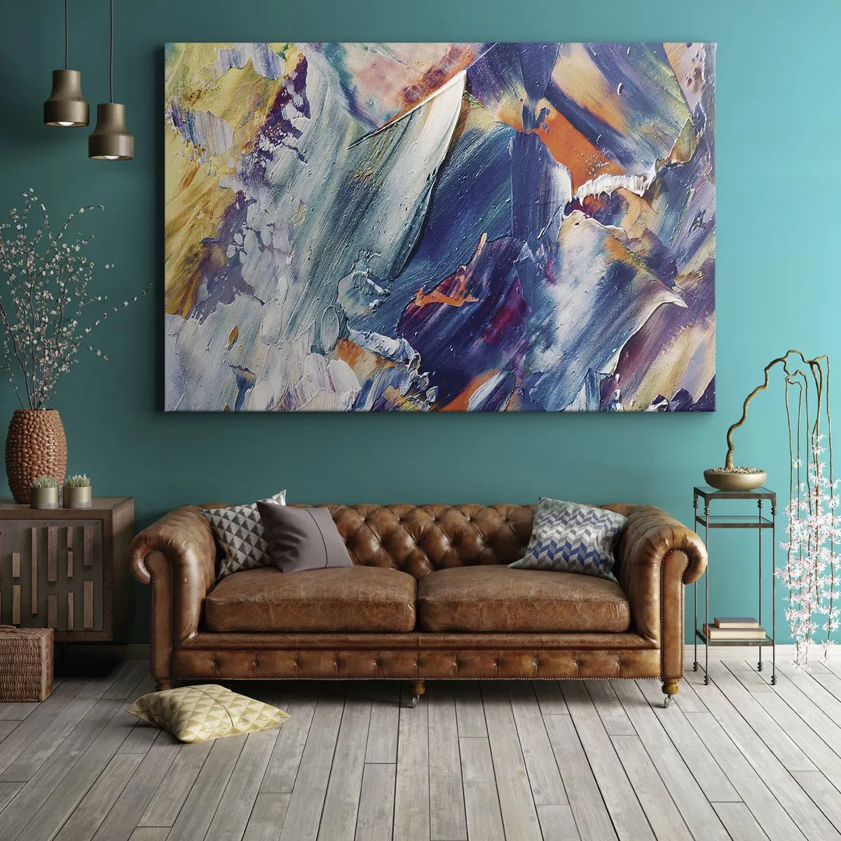 Tablou pe pânză Canvas - Abstracție colorată cu textură de vopsea acrilică - 70x50cm - Confuzie de culori - Decorațiune modernă pentru perete pentru living și dormitor ARTTOR