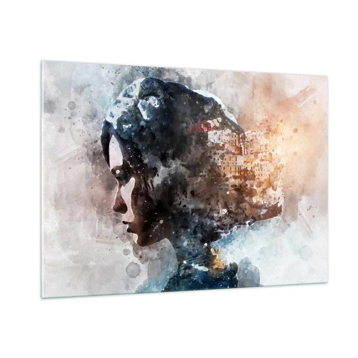 Tablou pe sticlă - Povestea unei fete cu un oraș în fundal - 100x70 cm