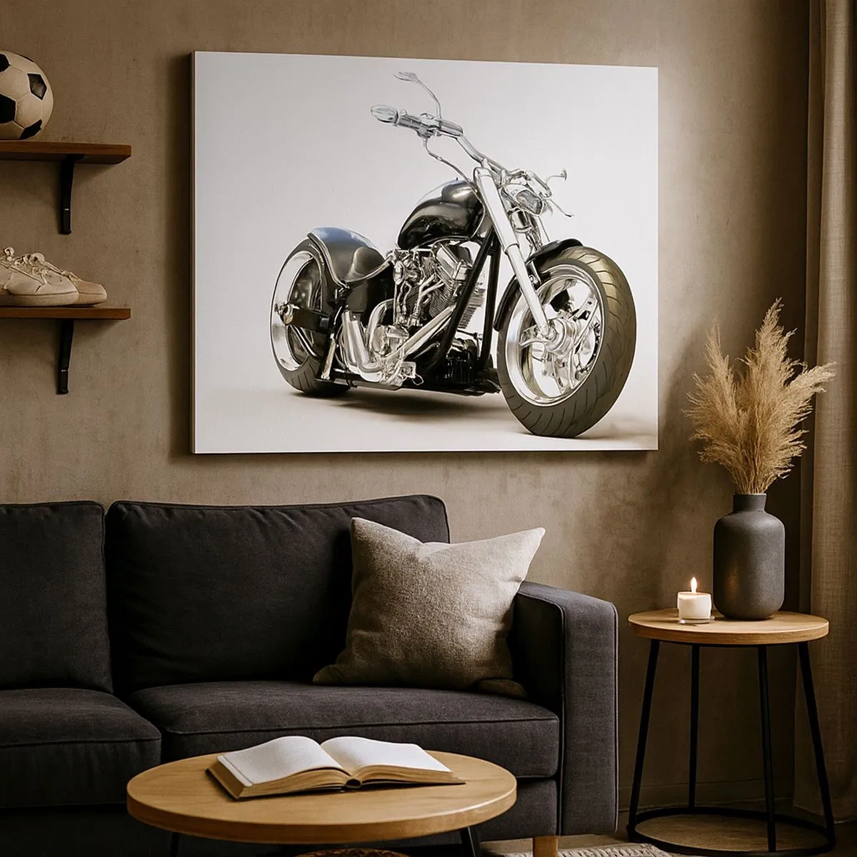 Tablou pe pânză Canvas - Motocicletă neagră elegantă pe fundal alb - 70x50cm - Putere cu caracter - Decorațiune modernă pentru perete pentru living și dormitor ARTTOR