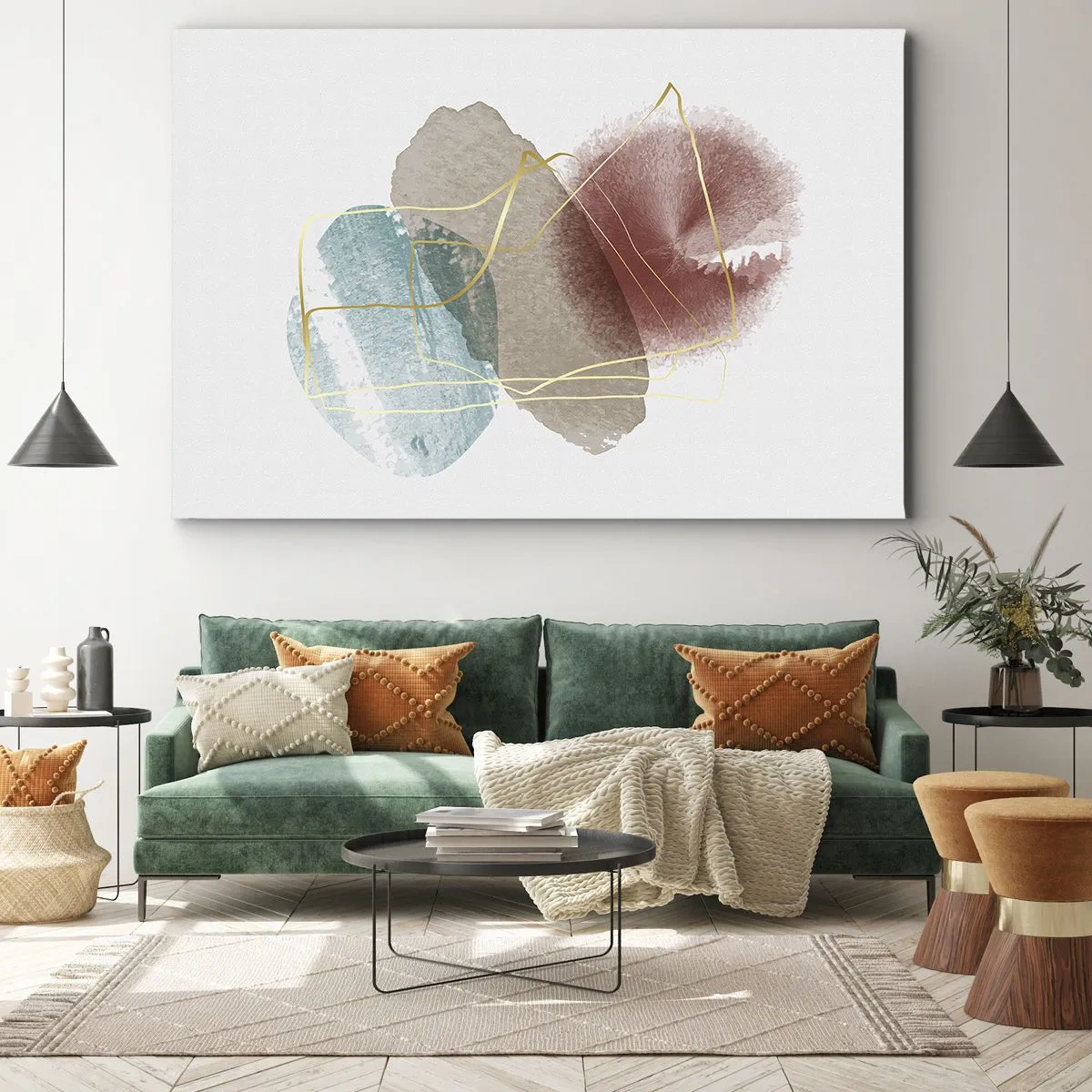 Tablou pe pânză Canvas - Forme abstracte cu culori delicate și linii aurii - 70x50cm - Mărgele de spațiu - Decorațiune modernă pentru perete pentru living și dormitor ARTTOR