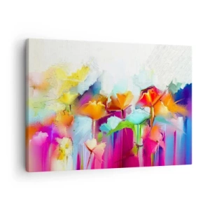 Tablou pe pânză Canvas - Flori colorate abstracte pe un fundal deschis - 70x50cm - Curcubeul înflorit - Decorațiune modernă pentru perete pentru living și dormitor ARTTOR