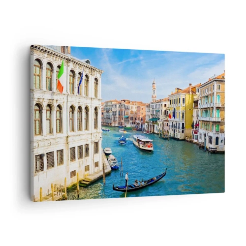Tablou pe pânză Canvas - Un canal venețian cu o gondolă și clădiri colorate - 70x50cm - Traficul unic în lume - Decorațiune modernă pentru perete pentru living și dormitor ARTTOR