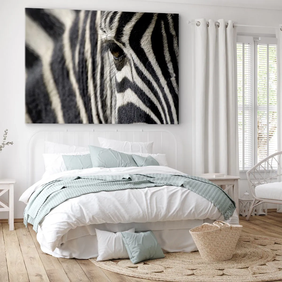 Tablou pe pânză Canvas - Prim-plan al ochiului unei zebre cu dungi albe și negre - 70x50cm - Portret cu dungi - Decorațiune modernă pentru perete pentru living și dormitor ARTTOR