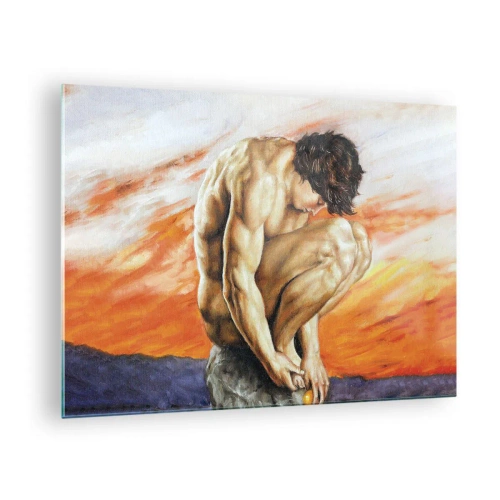 Tablou pe sticlă - Un corp uman gol pe un cer portocaliu intens. - 70x50cm - Ascultându-se pe sine - Decorațiune modernă pentru perete pentru living și dormitor ARTTOR