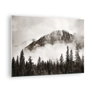 Tablou pe sticlă - Peisaj montan cu pădure și ceață în tonuri sepia - 70x50cm - Stăpânul de granit - Decorațiune modernă pentru perete pentru living și dormitor ARTTOR