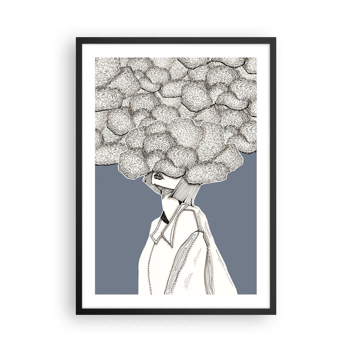 Poster în ramă neagră - figură cu un nor în loc de cap, stilizată în nuanțe de gri. - 50x70cm - Cu capul în nori - Decorațiune modernă pentru perete pentru living și dormitor ARTTOR