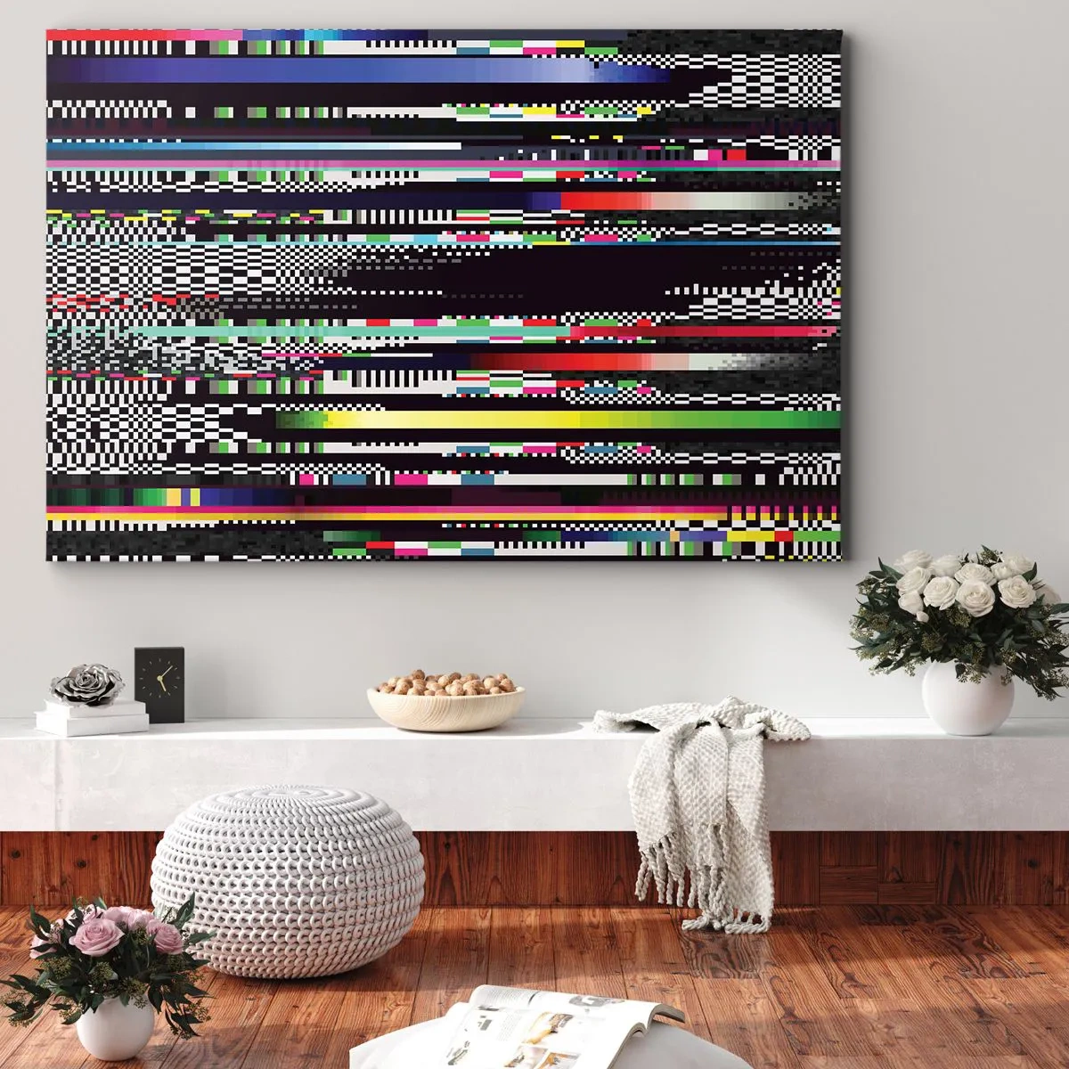 Tablou pe pânză Canvas - Linii și pixeli colorati într-un stil abstract - 70x50cm - Imaginea controlată a realității - Decorațiune modernă pentru perete pentru living și dormitor ARTTOR