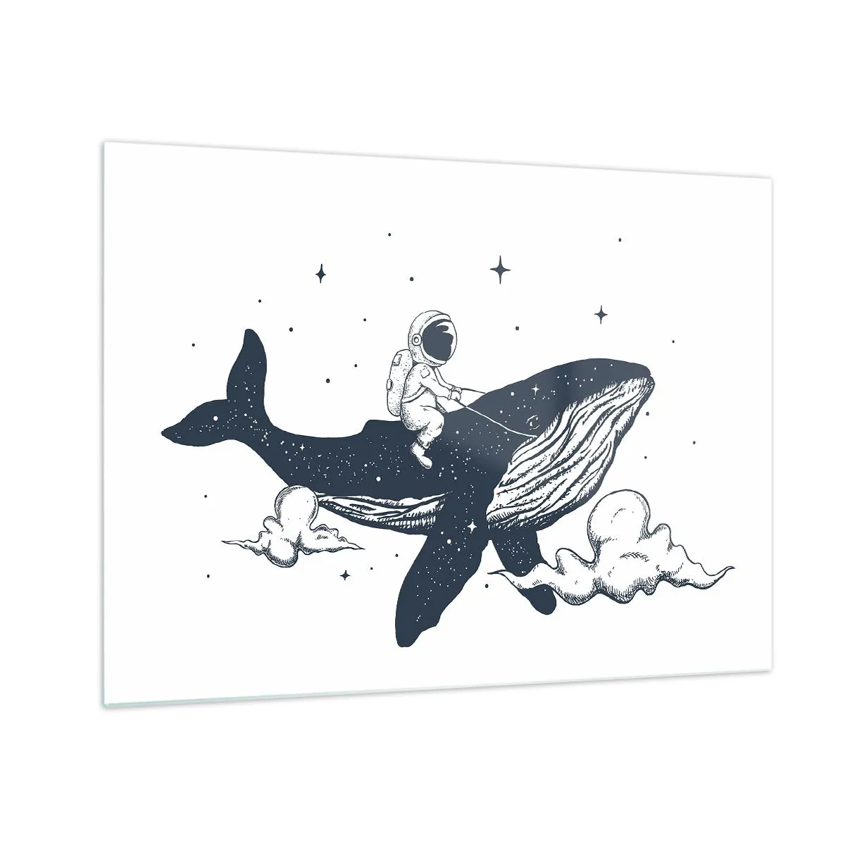 Tablou pe sticlă - Astronautul călărind o balenă printre stele și nori - 70x50cm - Aventura spațială - Decorațiune modernă pentru perete pentru living și dormitor ARTTOR