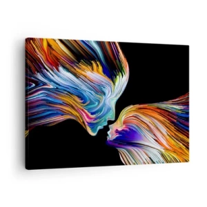Tablou pe pânză Canvas - Siluete colorate de fețe în fluxuri dinamice pe fundal negru - 70x50cm - Fuziune de energie și lumină - Decorațiune modernă pentru perete pentru living și dormitor ARTTOR