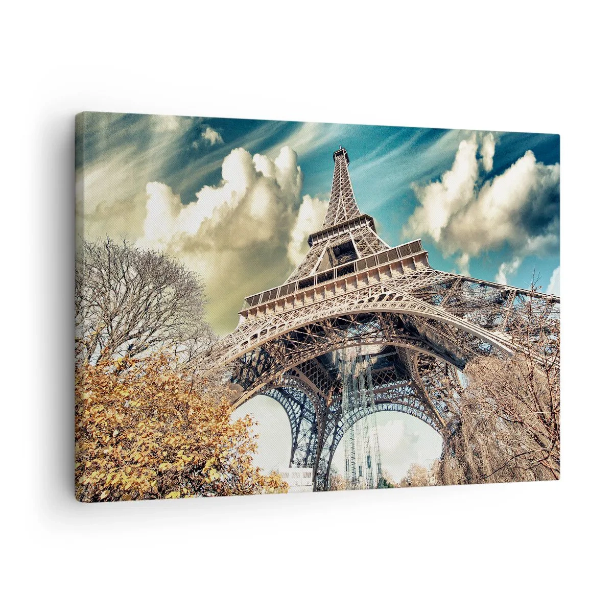 Tablou pe pânză Canvas - Turnul Eiffel de jos într-un cadru autumnal - 70x50cm - Și la Paris, în toamna anului .... - Decorațiune modernă pentru perete pentru living și dormitor ARTTOR
