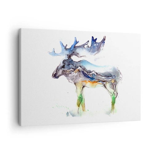 Tablou pe pânză Canvas - Siluetă în acuarelă a unui elan cu un peisaj montan - 70x50cm - Eroul poveștii de iarnă - Decorațiune modernă pentru perete pentru living și dormitor ARTTOR
