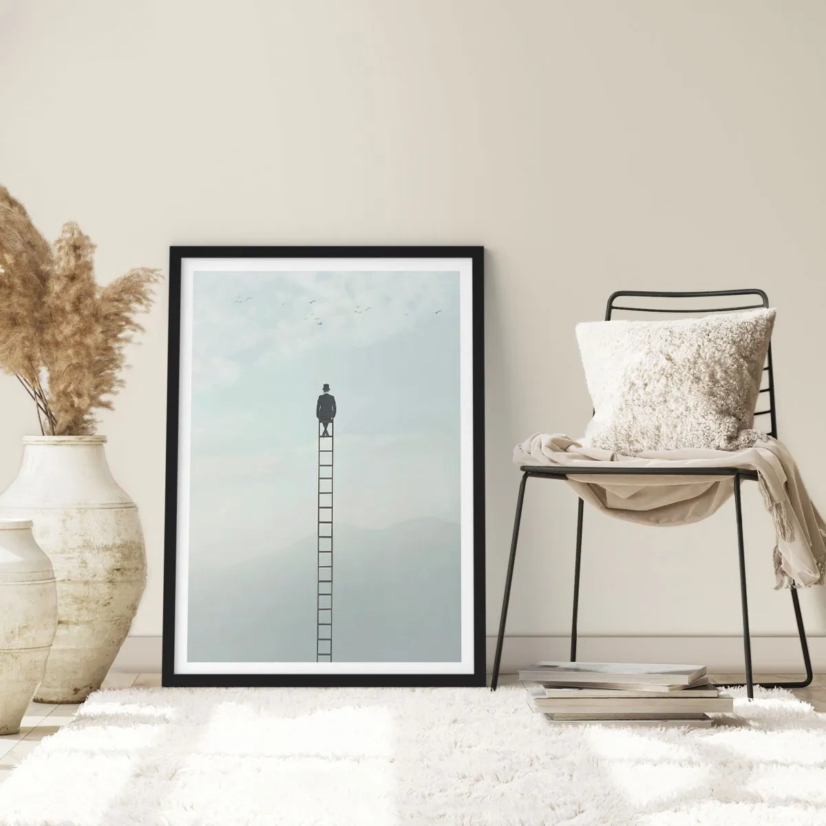 Poster în ramă neagră - Bărbat pe o scară privind cerul - 50x70cm - Fii deasupra - Decorațiune modernă pentru perete pentru living și dormitor ARTTOR