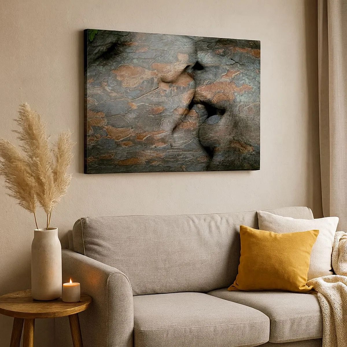 Tablou pe pânză Canvas - Un motiv artistic al unei fețe sculptate în piatră cu un efect de textură naturală. - 70x50cm - Împreună pentru totdeauna - Decorațiune modernă pentru perete pentru living și dormitor ARTTOR